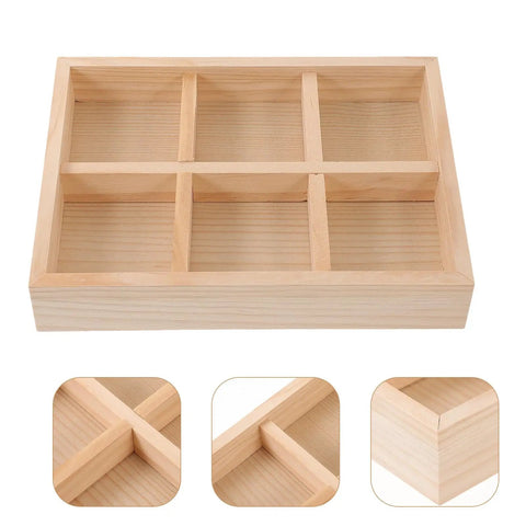 Six Compartment Pine Wood Jewelry Tray, Rustic Desktop Catch All For Rings And Necklaces, Chic Divided Organizer with six deep bins.