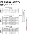 Size and quantity display of 630 pcs tiny micro repair screw kit pocket sized with 18 sizes micro screws mini screwdriver and tweezers