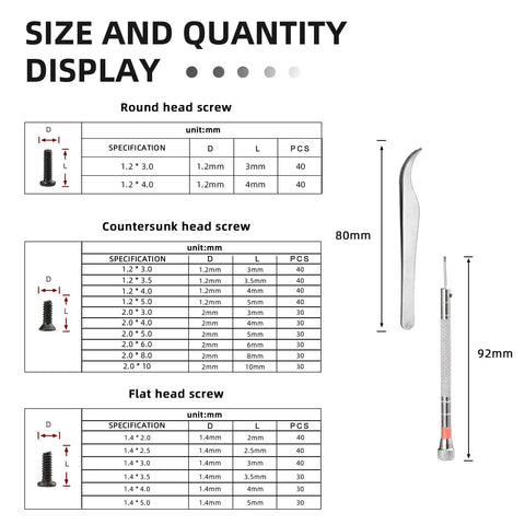 Size and quantity display of 630 pcs tiny micro repair screw kit pocket sized with 18 sizes micro screws mini screwdriver and tweezers