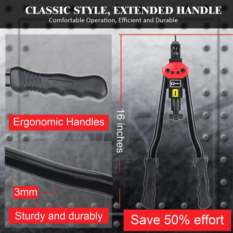 Extra Long Mandrel Rivet Nut Tool Kit With 16 Inch Rivnut Gun, ergonomic handles, 3mm thickness, for heavy duty projects