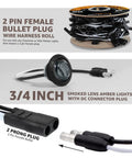Lit 50 Pack 3/4 Inch Smoked Amber LED Marker Lights With 3 LEDs Each, Bullet Connector Plug And 2 Prong Wire Harness, 12V DC
