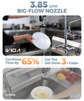 Pro Workhorse Commercial Sink Sprayer Head Drops Raw Pressure For Lightning Fast Rinse Downs And Stubborn Grease Removal Over Standard Kitchen Faucet Threads in action over dishes.