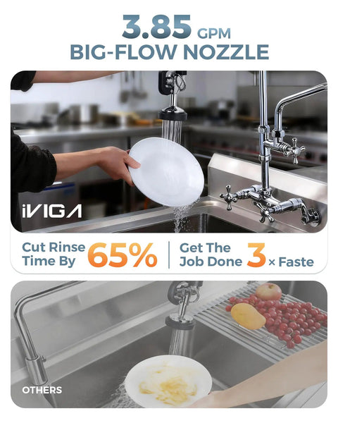 Pro Workhorse Commercial Sink Sprayer Head Drops Raw Pressure For Lightning Fast Rinse Downs And Stubborn Grease Removal Over Standard Kitchen Faucet Threads in action over dishes.