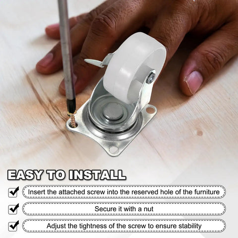 Installing 1.9 Inch White Caster Wheels Set, 8 Pack, 360 Degree Swivel Casters With Brakes on wooden surface