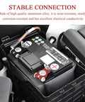 Universal Car Battery Terminal Set Including One Pair Positive And Negative Connectors With Felt Fiber Washers installed in a car.