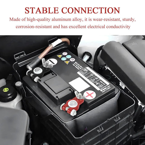 Universal Car Battery Terminal Set Including One Pair Positive And Negative Connectors With Felt Fiber Washers installed in a car.