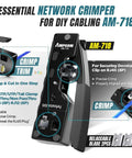 Close-up of 9-in-1 Ethernet Crimping Tool Kit featuring Ampcom AM-718 for RJ45, network crimping essentials.