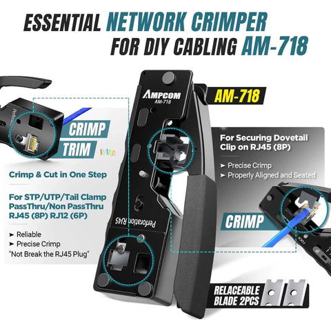 Close-up of 9-in-1 Ethernet Crimping Tool Kit featuring Ampcom AM-718 for RJ45, network crimping essentials.