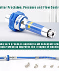 Amazon grease gun coupler with lock-on, blue metal body; shows hose and multiple fittings