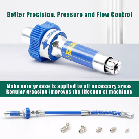 Amazon grease gun coupler with lock-on, blue metal body; shows hose and multiple fittings