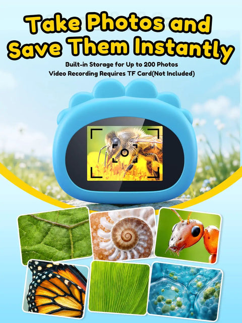 Kids 1000X Handheld Digital Microscope With 2.0 Inch Screen, Kid-Friendly Portable MiniScope For Education, Perfect Birthday Gift For Ages 3 to 10, Clear High-Res Magnification, 8 Adjustable LEDs, Explore Tiny Details showing insect and leaf close-ups