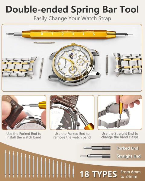 Complete Watch Repair Kit With Link Removal Tool And Case Opener For Battery Replacement And Strap Adjustment, Spring Bar Tool shown.