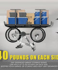 Overhead Ceiling Hook Rack 4 Pack Heavy Duty Ceiling Mount Hangers With Double T Bar holding a bike and storage boxes