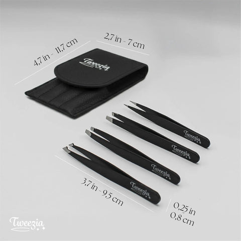 Stainless Steel Precision Tweezer Set With Mirror Case Four Piece Kit Includes Classic, Slanted, And Pointed Tips For Fine Grips