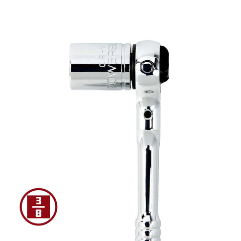 Side view of Swivel Head Three Eighths Inch Drive Ratchet Rotating 72 Tooth Mechanism With 270 Degree Head Turn For Tight Spaces