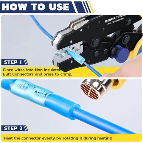 Heat shrink butt connectors kit; front view shows crimping tool with blue insulated connector and wire, close-up of blue heat-shrink connector on the cable.