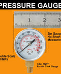 2-inch pressure gauge from 12 Piece Air Tank Repair Kit With Pressure Gauge And Hose Assembly, aluminum manifold, dual PSI/MPa scale.