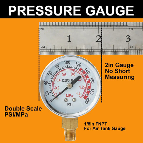 2-inch pressure gauge from 12 Piece Air Tank Repair Kit With Pressure Gauge And Hose Assembly, aluminum manifold, dual PSI/MPa scale.