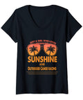 Black V-neck T-shirt with 'Just A Girl Who Loves Sunshine And Outrigger Canoe Racing' print, featuring sunglasses and palm trees.