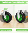 Eight Inch Pneumatic Caster Wheels Set Of Four Dual Ball Bearing Heavy Duty showing universal and directional types in action.