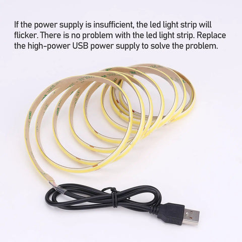 Coiled 5V USB COB LED Strip Light With 640 LEDs, 6.6Ft IP65 Waterproof, Dimmable Cool White 6000K, USB cable attached