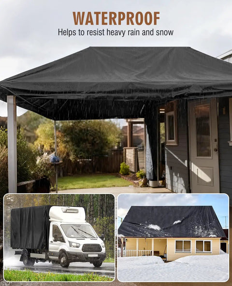 Heavy Duty Built Tough 20 Mil Waterproof Tarp 6.5x7 Ft Black Tarpaulin With Reinforced Webbing Loops covering a patio.