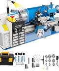 Pro Pick 7X14 Benchtop Metal Lathe With Dead On Accuracy and Rock Solid Variable Speed Drive showing control panel and accessories.