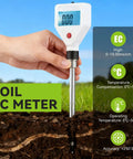 Soil EC Meter 2 In 1 Pro Grade Soil Tester For Conductivity And Temperature With Backlit LCD in use on soil