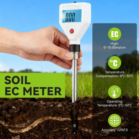 Soil EC Meter 2 In 1 Pro Grade Soil Tester For Conductivity And Temperature With Backlit LCD in use on soil