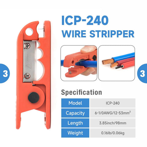 Pro Grade Battery Cable Terminal Crimping Tool Kit With Cutter And Wire Stripper ICP-240 model showcasing wire stripper capacity and specifications