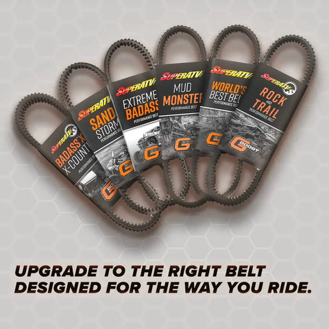 Array of five performance drive belts labeled for different terrain, highlighting Heavy Duty Aramid Drive Belt For UTV Rzr Pro Xp And Pro Xp 4 Smooth Clutch