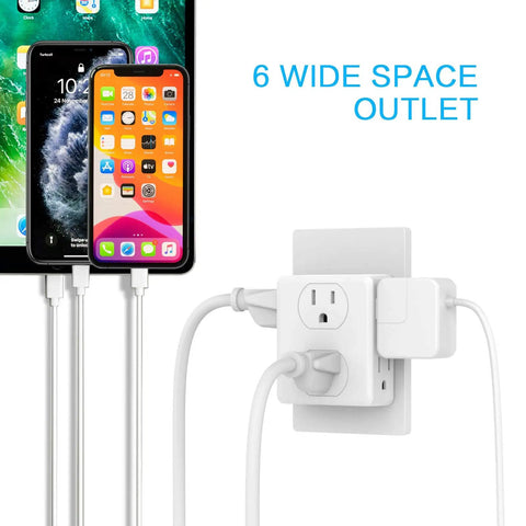 Outlet Extender Turn Two Outlets Into Six With This Space Saving 6 Outlet Wall Tap, 3 Prong Plug Adapter, White, 2 Pack, Perfect for Cruise Ship Cabins, Dorms, Home Office And Laptops