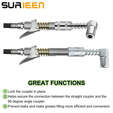 SURIEEN 4-piece 90° grease gun coupler adapters with sleeves; two metal right-angle fittings shown.