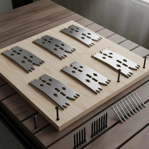 Super Durable Stainless Steel Fastening Plate Clamp For Carpentry And CNC Router Projects laid out on a wooden surface