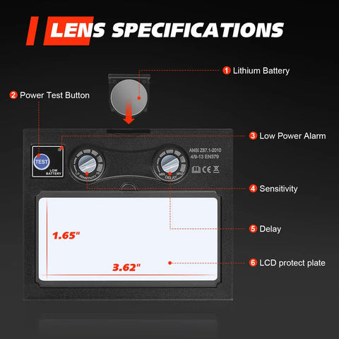 Lens specifications for Welding True Color Auto Darkening Helmet With Adjustable Shade Range 4 To 9 To 13 For TIG MIG ARC Welder Mask