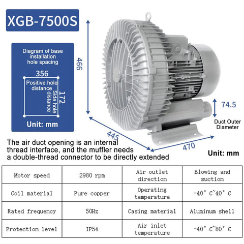 Heavy-duty Rock Solid 7500W Vortex Blower with aluminum casing, dimensions labeled for industrial airflow applications.