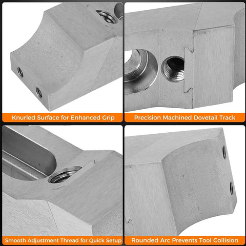 Close-up of Compact Low Profile CNC Side Clamp Vise Made From Hardened S136H Mold Steel, showcasing knurled surface and dovetail track.
