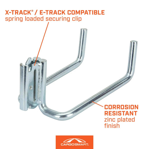 Extended Dual Arm Tool Hook for E Track and X Track Systems, 200 Pound Capacity, Steel with Zinc Finish, Front View