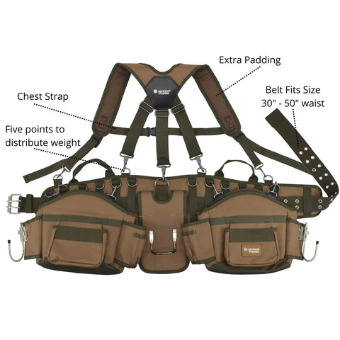 Rugged Pro Tool Belt With Tan And Green Comfort Rig Heavy Duty Construction Iron Buckles Reinforced Stitching Adjustable Straps