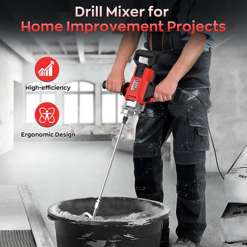 Person using the Power Drill Mixer 3200W 110V Corded Concrete Mixer with Variable Speed for mud mixing in a home project.