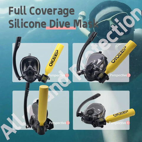 Compact 0.5L Mini Scuba Tank With Sub Mask Portable Lungs Kit Beginner Friendly silicone dive mask in multiple angles