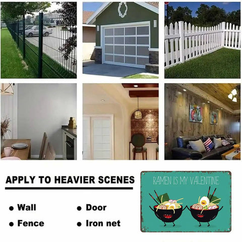 Grid with fencing, garage, wall decor, and Ramen Is My Valentine Metal Sign 8x12 Inch Tin Wall Decor For Home Office Garage Kitchen.