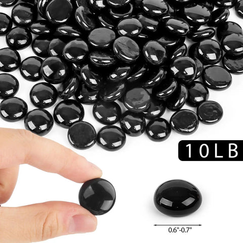 10Lb Black Reflective Fire Pit Glass Rocks For Propane Fire Pit Landscaping, Round Luminescent Glass Beads, size 0.6"-0.7"
