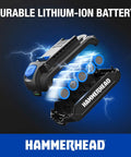 Durable lithium-ion battery for 20V Cordless Drill Driver Kit With 1.5Ah Battery And Charger, top view, blue LED effect, Hammerhead brand