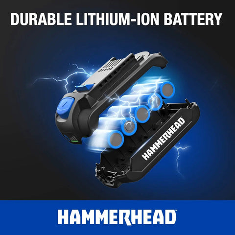 Durable lithium-ion battery for 20V Cordless Drill Driver Kit With 1.5Ah Battery And Charger, top view, blue LED effect, Hammerhead brand