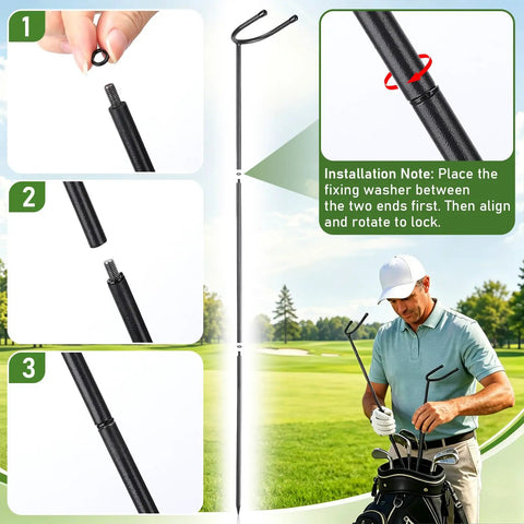 Installation steps for U Shaped Golf Club Holder Set Two Pack That Keeps Your Clubs Clean Dry And Visible Detachable Metal Stand Durable Golf Club Rack For Easy Carry On The Course And Protect Your Bag On The Go, featuring assembly of the detachable metal stand on golf course.