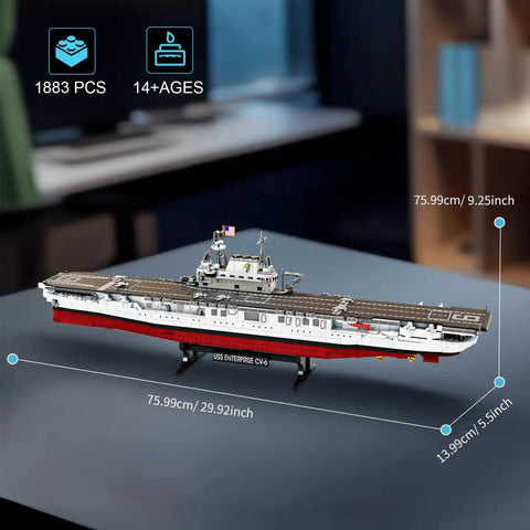 Must Have Battleship Building Set For Adults And Teens 14 Plus Massive 1883 Piece USS CV 6 Enterprise Warship Model Kit For Collectors And Display Ideal Navy Buff Birthday Gift showing ship dimensions on table.