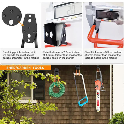 Heavy Duty Garage Storage Hooks Set Of 18 With Extra Weld Point For Strong Tool Organization, shown in shed with garden tools.