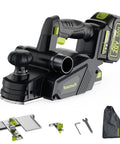 No-Fuss 20V Cordless Wood Planer With Included 4Ah Battery, features a compact design and accessories for edge trimming and door adjustments.