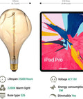 Oversized Vintage LED Edison Bulb With 2200K Warm White Glow Dimmable 5W 400LM Amber Glass next to iPad for size comparison.
